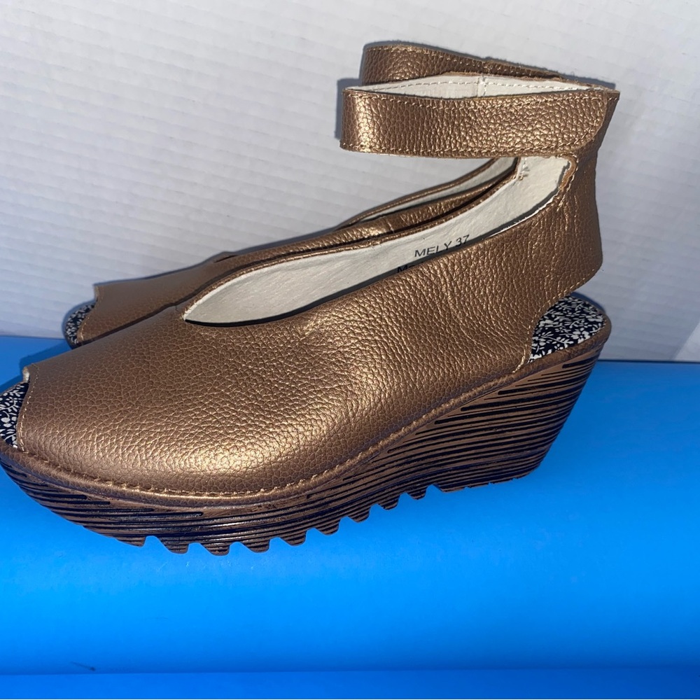 bernie mev. Bronze Metallic Wedge Sandals with Ankle Strap